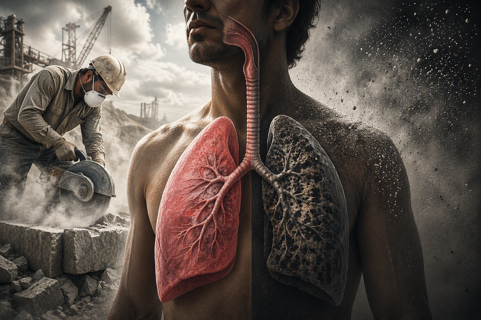 Illustration contrasting a healthy lung with a silica-damaged lung, beside a worker cutting stone in a cloud of dust